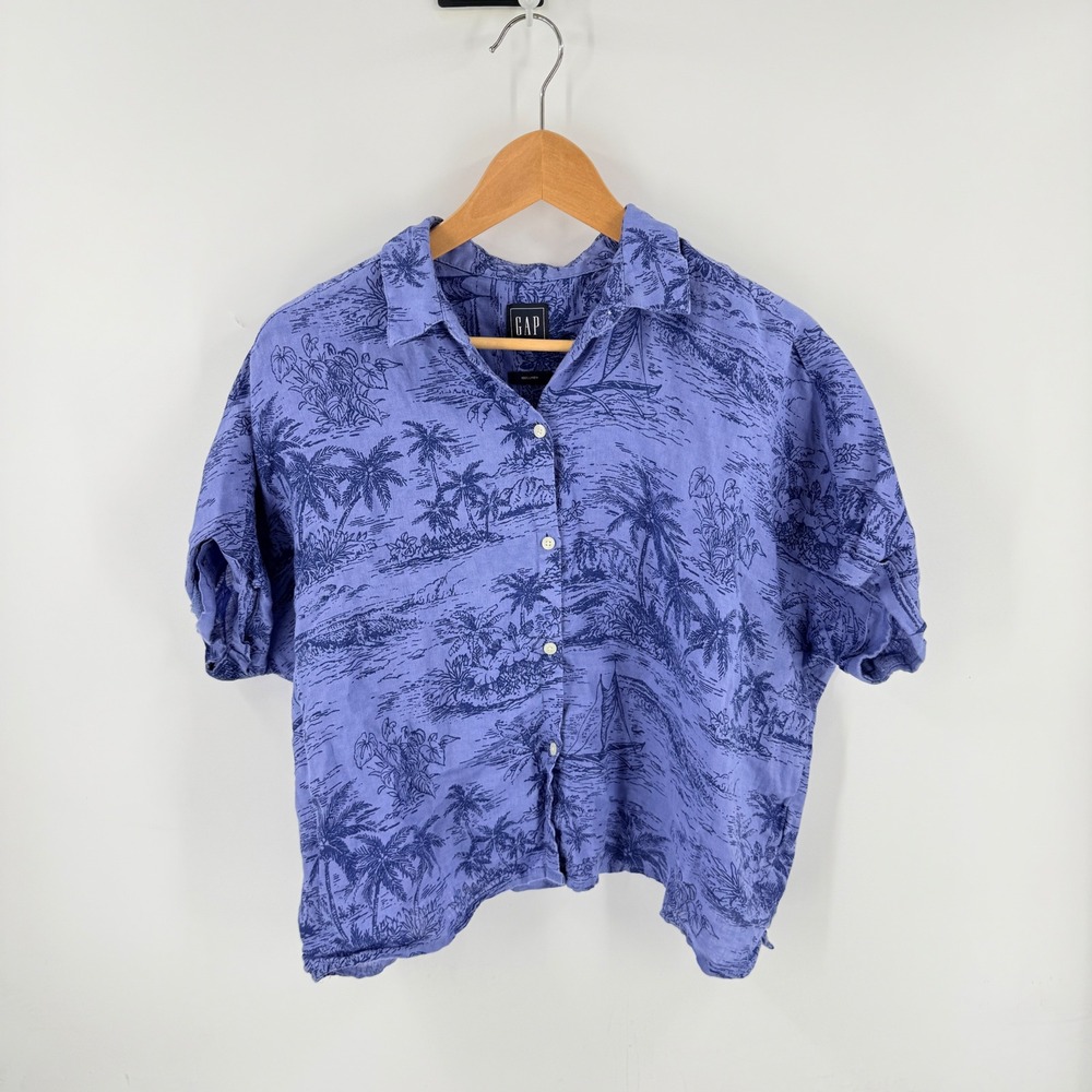 Gap Button Up Shirt Blue XL Tropical Palm Tree Toile‎ Print 100% Linen